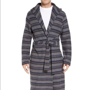 UGG Miles Mens Blue & Gray Striped Hooded Robe, Size XL
